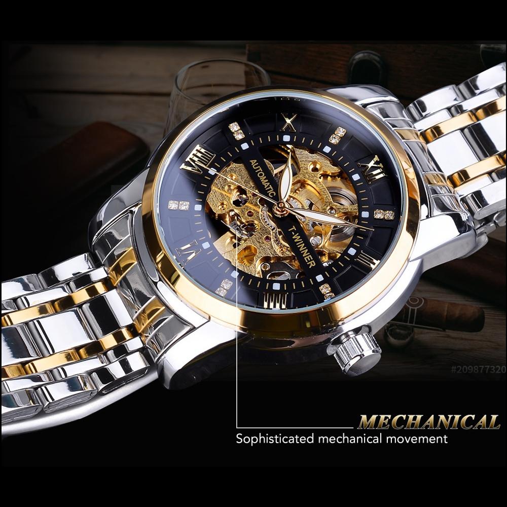 Winner Новые Топ Бизнес Стиль Скелетон Автоматические Механические Часы Мужские Часы с Мозаикой из Бриллиантов Римский Циферблат