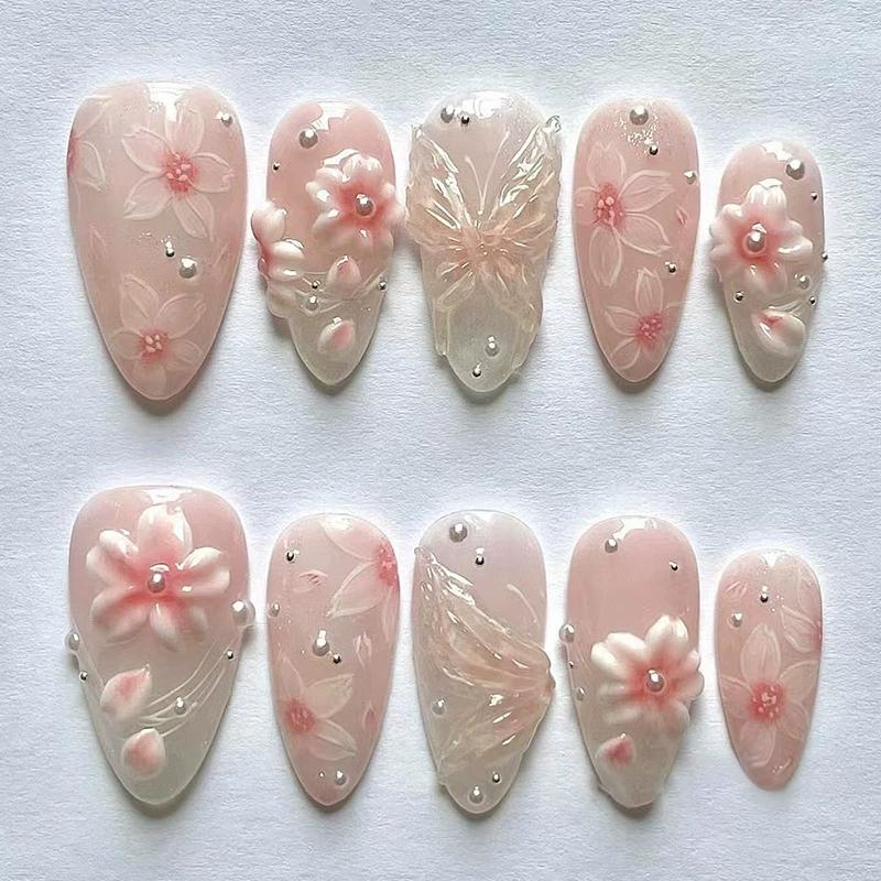 24Pcs Almond Press On Nails French Gradient 3D Flower Butterfly Pearl Y2K Sweet Cool False Nails