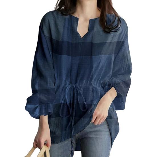 V-образный вырез с рюшами Манжеты на талии Шнуровка в клетку с принтом Повседневная блузка Простой повседневный стиль