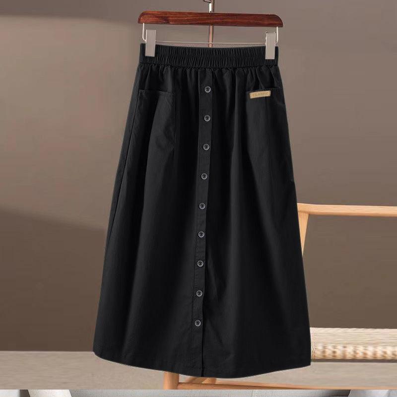 Весенне-летняя эластичная юбка с высокой талией, большими карманами и разрезом для утягивающего эффекта, однотонная юбка А-силуэта средней и длинной длины