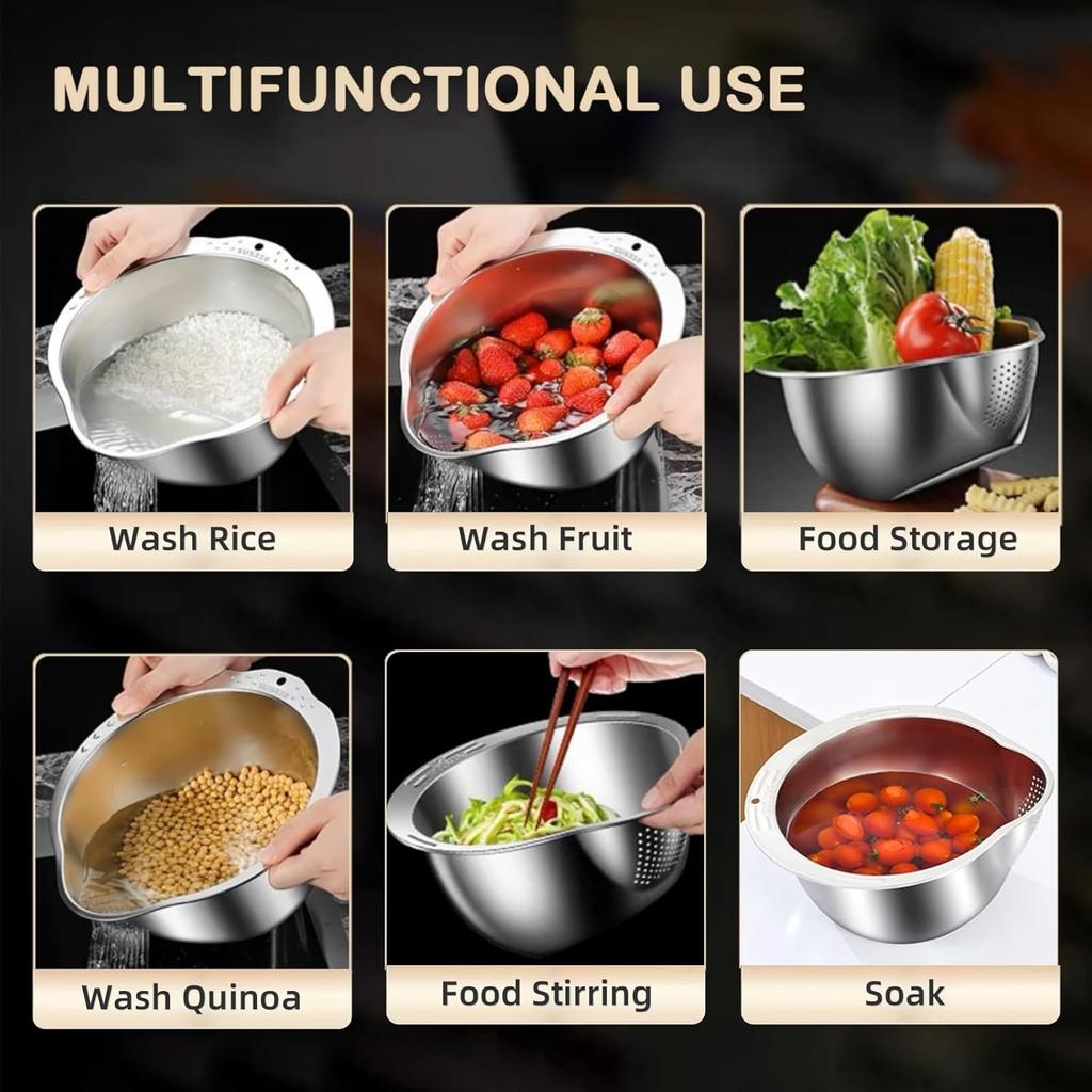 Rice Washer Strainer Bowl Stainless Steel 304 Rice Washing Bowl Rice Sieve Colander Fruit And Vegetable Strainer Kitchen Tools