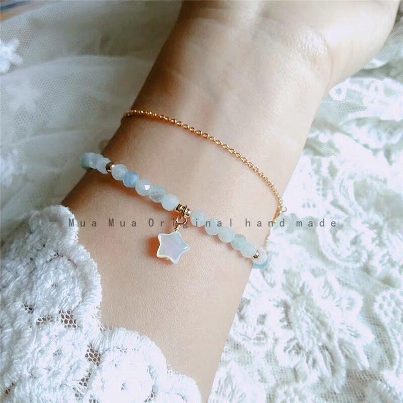 New natural aquamarine14K Gold-plated March birthstone crystal lucky star versatile fresh and simple bracelet for women
