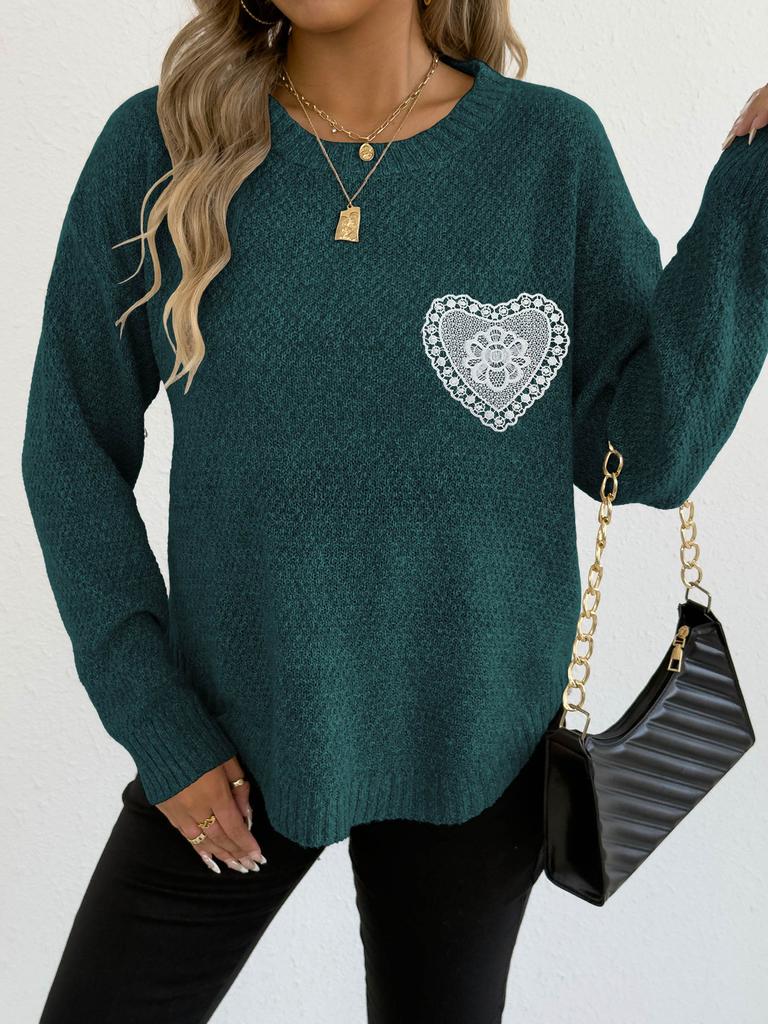Шерстяной топ с кружевными карманами с прорезями и пуловер с круглым вырезом для женщин