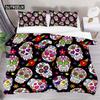 Sugar Skull Duvet Cover Set, Monochrome Skull with Roses Leaves and Diamond Shape Folklore Festival Print,Decorative Bedding Set