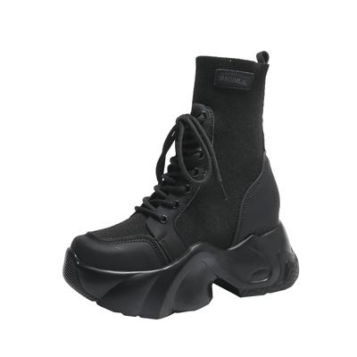 Модные вязаные высокие ботильоны на платформе, женские осенние короткие носки с толстой подошвой, нескользящие мотоциклетные ботинки на толстой подошве, женские ботинки 7 см