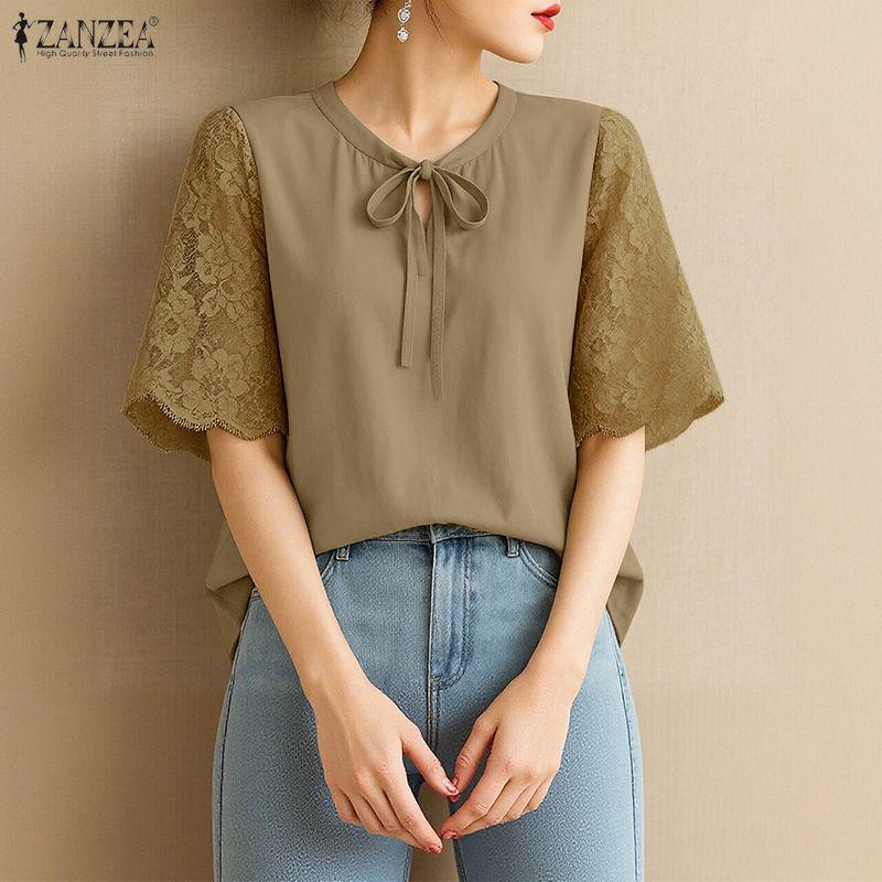 ZANZEA Женская повседневная блузка с круглым вырезом, кружевной вставкой и коротким рукавом