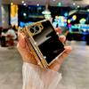 Luxury Rhinestone Plating Frame Lychee Leather Phone Case For SAMSUNG Z Flip 7 6 5 4 3 Finger Ring Solid Color Protective Cover