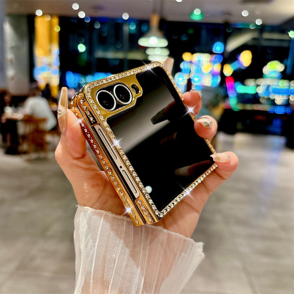Luxury Rhinestone Plating Frame Lychee Leather Phone Case For SAMSUNG Z Flip 7 6 5 4 3 Finger Ring Solid Color Protective Cover