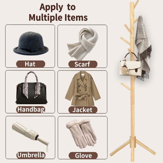 Деревянная напольная вешалка для одежды Сверхпрочная Регулируемая Вешалка-дерево Прихожая Вход Гостиная Спальня Шляпы Пальто Шарфы Сумки Вешалка-стойка