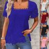 Summer Women's Fashion Solid Color Square Neck Lace-Edge Short Sleeves Casual T-Shirt
