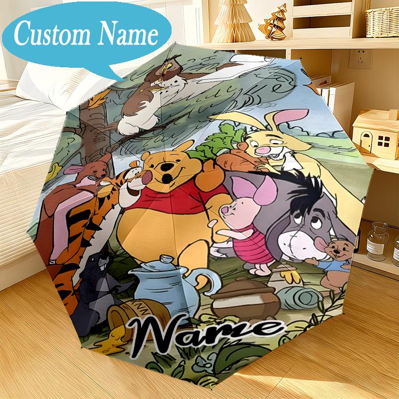 Custom Name Cartoon Pooh Umbrella Folding Umbrella, Automatic Umbrella 8-Frame for Travel, Casual Lightweight Birthday Christmas gift