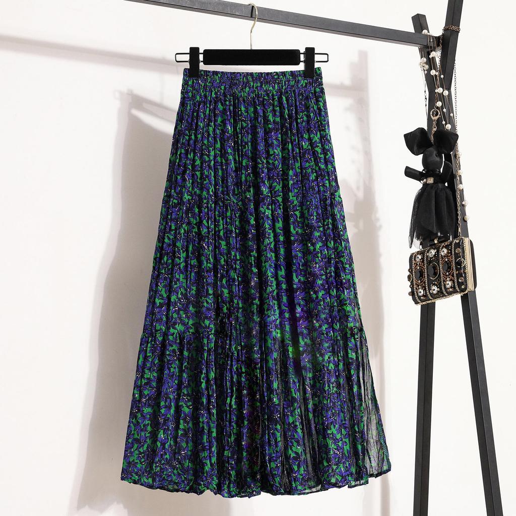 Plus-Size Pleated Chiffon Floral Skirt: 2024 Summer Retro Fashion