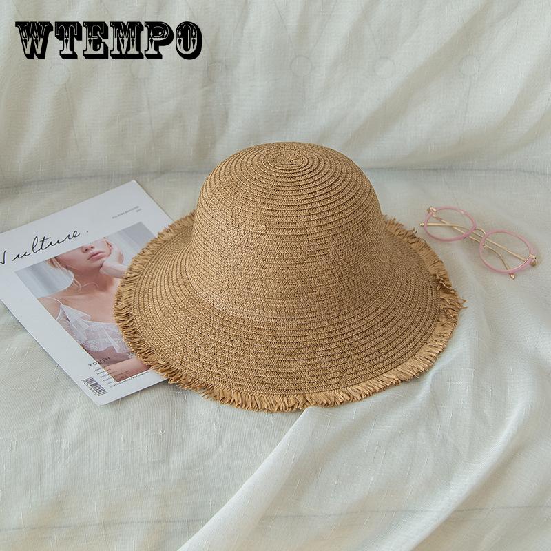 Women's Summer Flat Top Straw Hat , Wide Brim Sun Protection Beach Fisherman Hat, Breathable Hand-Woven For Seaside Photography