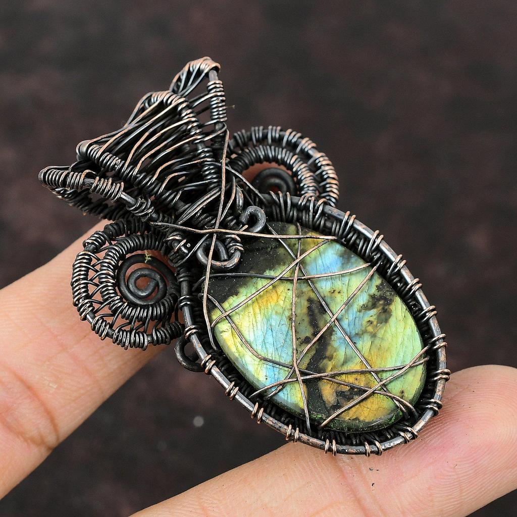 Медный кулон с лабрадоритом, обернутый проволокой, ювелирные изделия из драгоценных камней, стильный кулон, медные украшения ручной работы, лечебный камень, ювелирные изделия из лабрадорита для нее