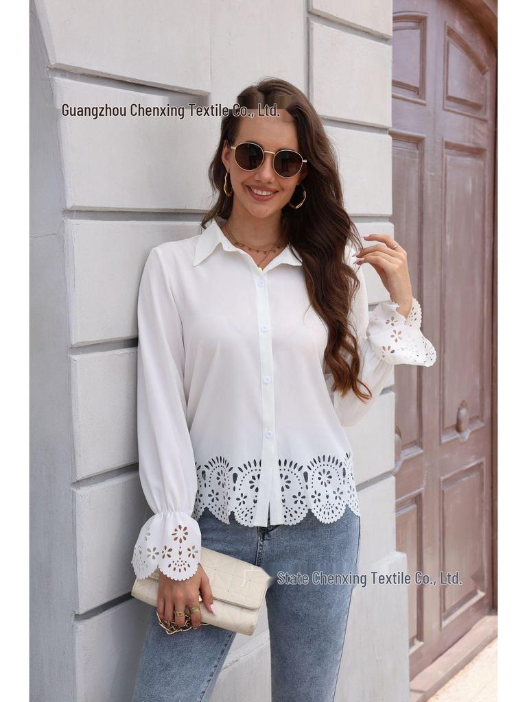 Женская элегантная блузка с длинными рукавами и ажурной отделкой