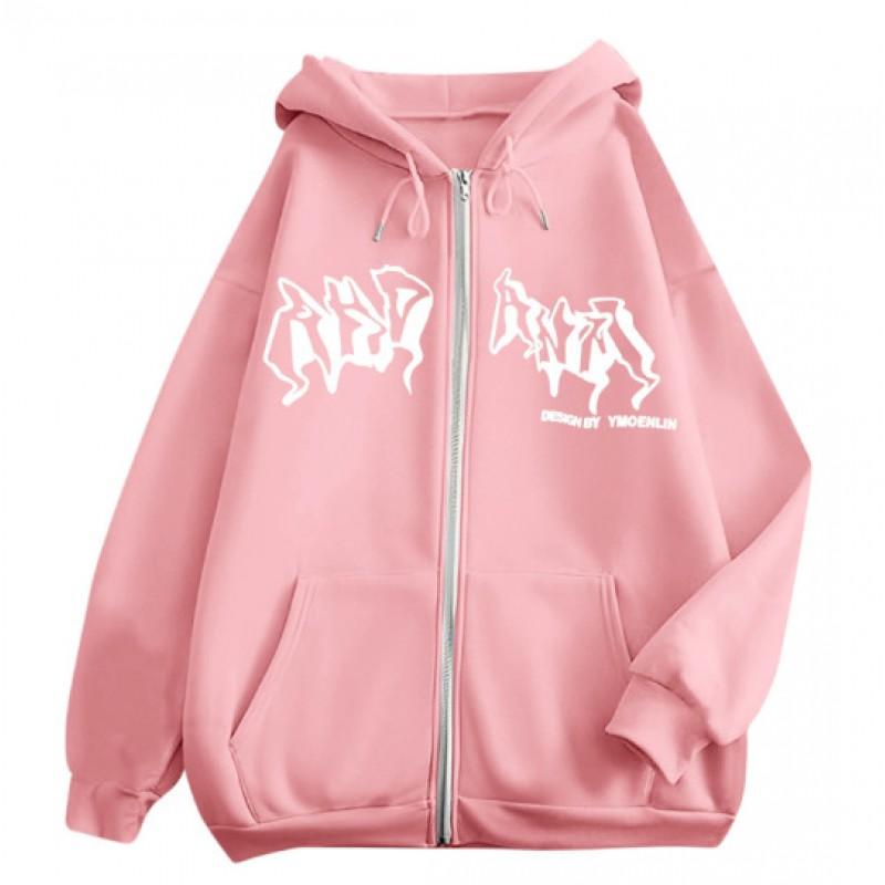 Mens Gothic Letter Print Hooded Zip-Up Sweatshirt Oversized Casual Winter Jacket