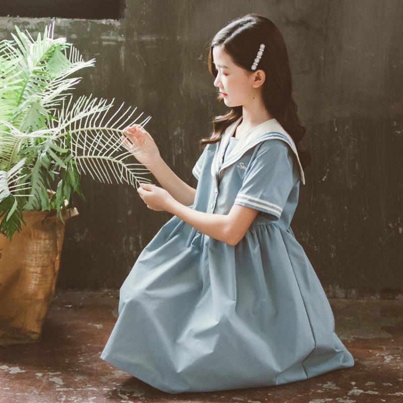 Весна и лето Новое платье принцессы с коротким рукавом и воротником для девочек