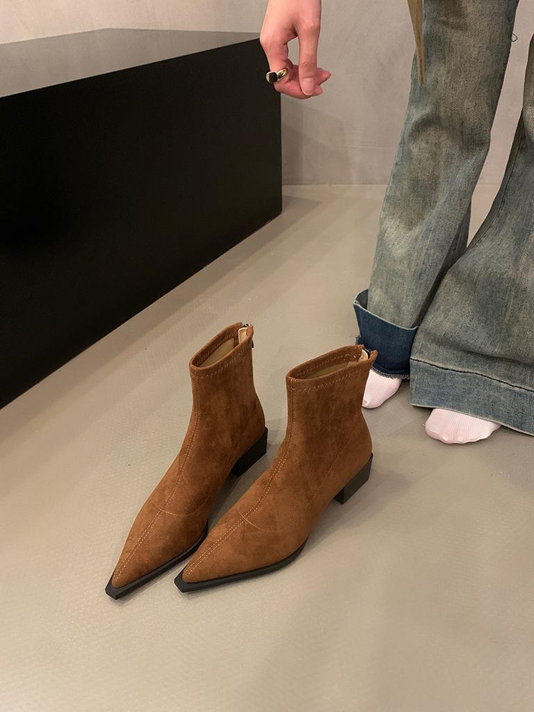 Coarse Heel Pointed Leopard Print Thin Short Boots Women's Shoes 2024 New Autumn and Winter Martin Boots Suede French Small Ankle Boots