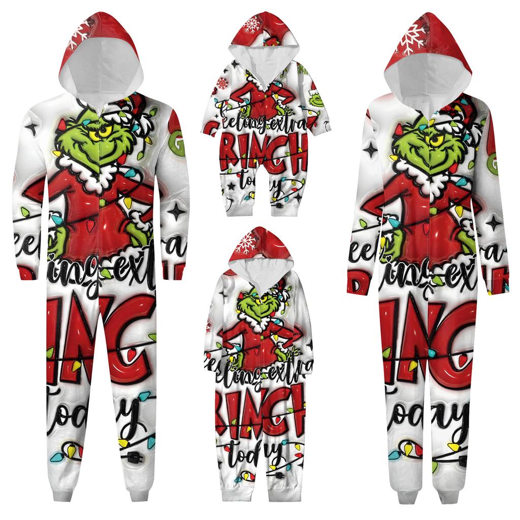 Parent-Christmas Printed Parent-Child Hooded Zip One-piece Homewear