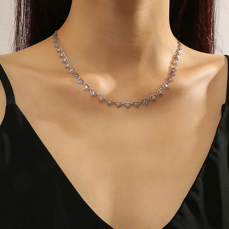Stainless Steel Gold Color Hollow Heart Necklace Bracelet Set For Women Fashion Metal Double Layer Heart Couple Necklace Jewelry