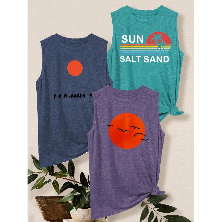 3Set of tank tops Vintage style SUN SALT SAND Loose-fitting casual vest with red sun and bird print T Shirt Breathable, comfortable, and soft fabric