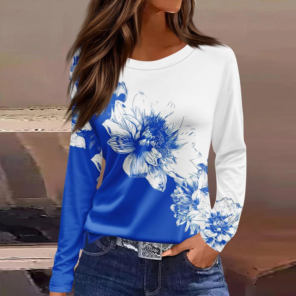 Women's Fashion Casual Slit Hem Round Neck Long Sleeve Loose  Printed T-Shirt Ladies Top