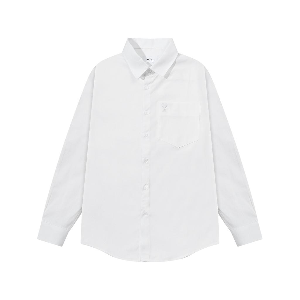AMI Осень 2025 Новый продукт Нагрудный карман Классическая Невидимая 3D Вышивка Маленькая Любовь Повседневная Хлопковая Однотонная Рубашка с Длинным Рукавом