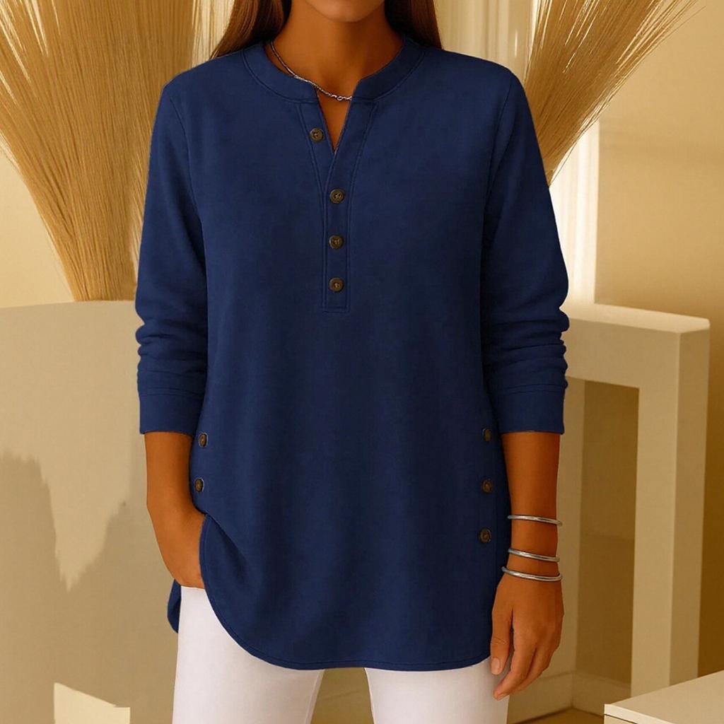 Women's Solid Color Button Long-sleeved Casual Loose Pullover Top