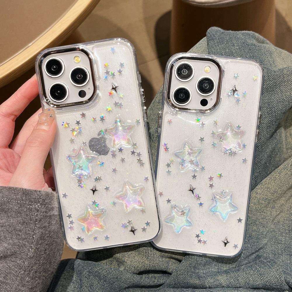 Ins Корейский Градиент Звезда Блеск Глиттер Чехол для телефона Для iPhone 16 15 14 13 12 11 Pro Max Plus Блестящий Прозрачный Ударопрочный Чехол