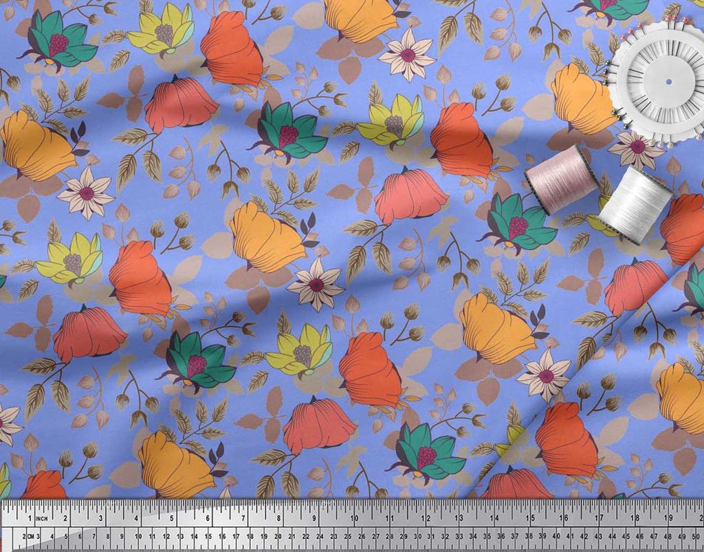 Soimoi Japan Crepe Satin Fabric Leaves & Floral Artistic Fabric Prints By Metre 42 Inch