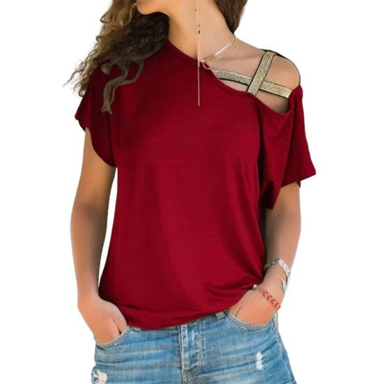 Женская футболка с косым вырезом, асимметричным дизайном off-shoulder, однотонная, свободного кроя, летние повседневные пуловеры, для ежедневной носки