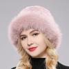 Новые женские зимние шапки из натурального меха кролика рекса с лисьим мехом. Теплая пушистая толстая зимняя меховая шапка. Женская вязаная шапка из 100% натурального меха кролика рекса.