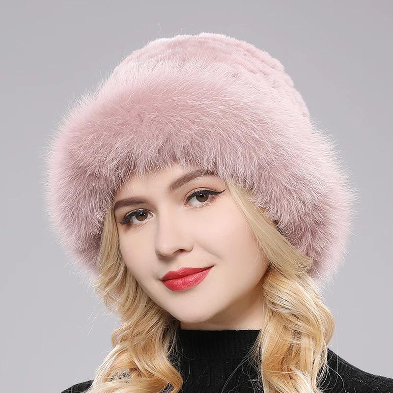 Новые женские зимние шапки из натурального меха кролика рекса с лисьим мехом. Теплая пушистая толстая зимняя меховая шапка. Женская вязаная шапка из 100% натурального меха кролика рекса.