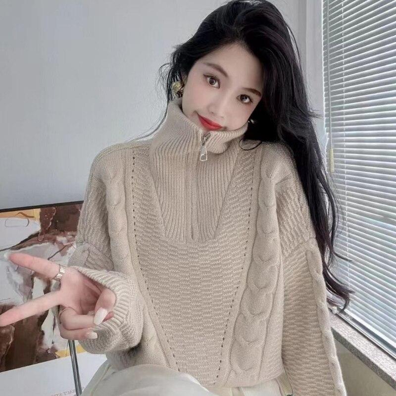 Pullover Knitwear Women 2022 Autumn And Winter Lantern Long Sleeve Zipper Solid Casual High Neck Pullover Sweater Women Tops