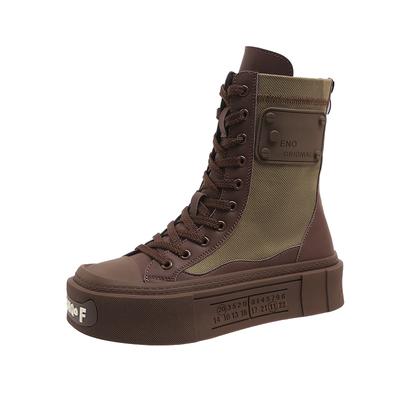 Модные высокие толстые парусиновые женские сапоги на толстой подошве 2024 года, осень, новые квадратные универсальные спортивные модные короткие сапоги на шнуровке для женщин