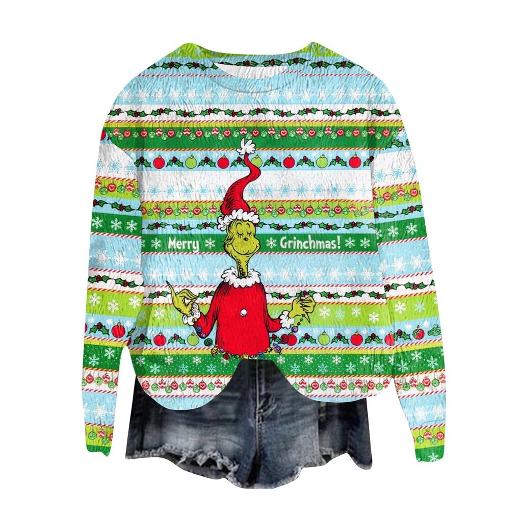 Женский модный пуловер с круглым вырезом, футболка с длинным рукавом, рождественская толстовка с принтом