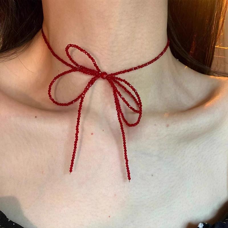 Female Red Beads Ins Style Necklace Accessories High Class Red Bow White Necklace Choker Clavicle Chain