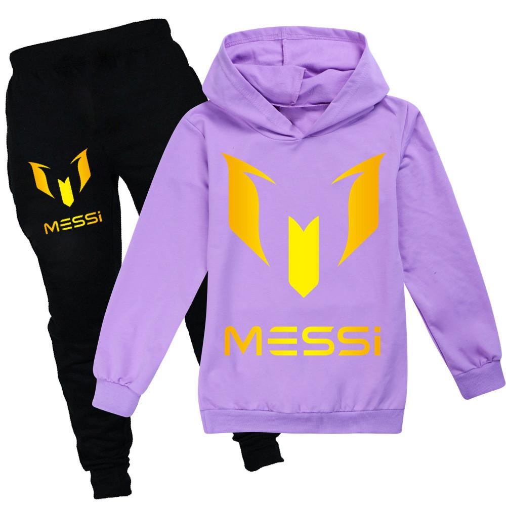 Messi Letter Print Cartoon Kids Hoodie And Pants Set With Cotton Fabric