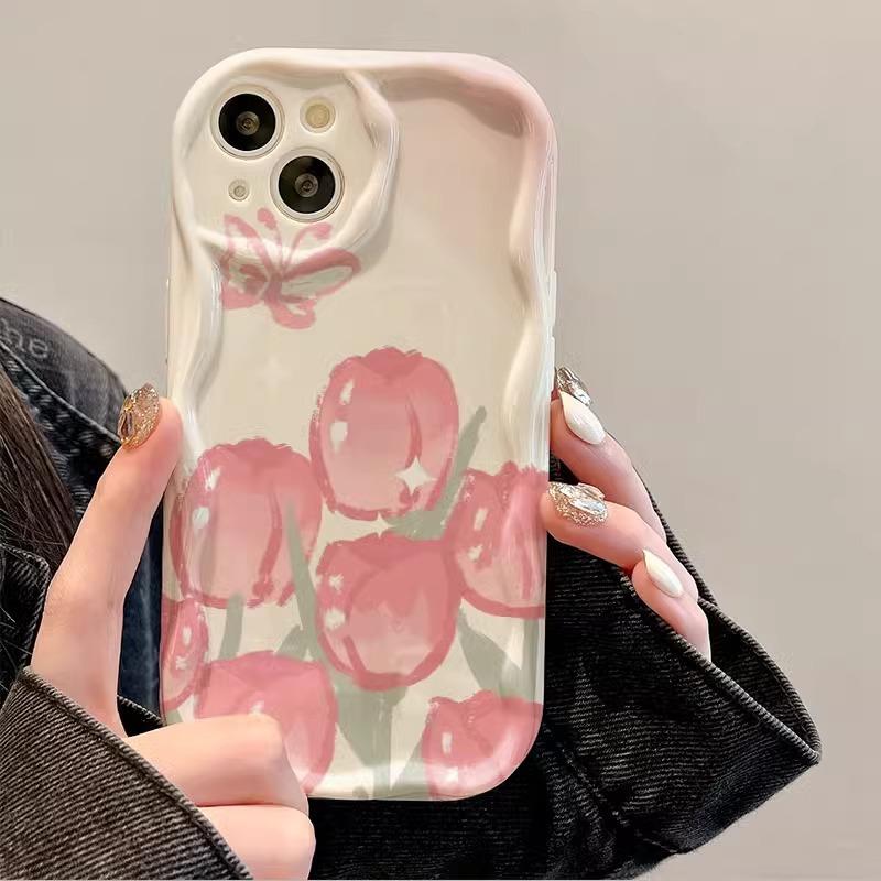 Розовый тюльпан для чехла для мобильного телефона IPhone 17 16 Promax Женский для IPhone 14 Plus Мультяшный 13 Кремовый узор 15