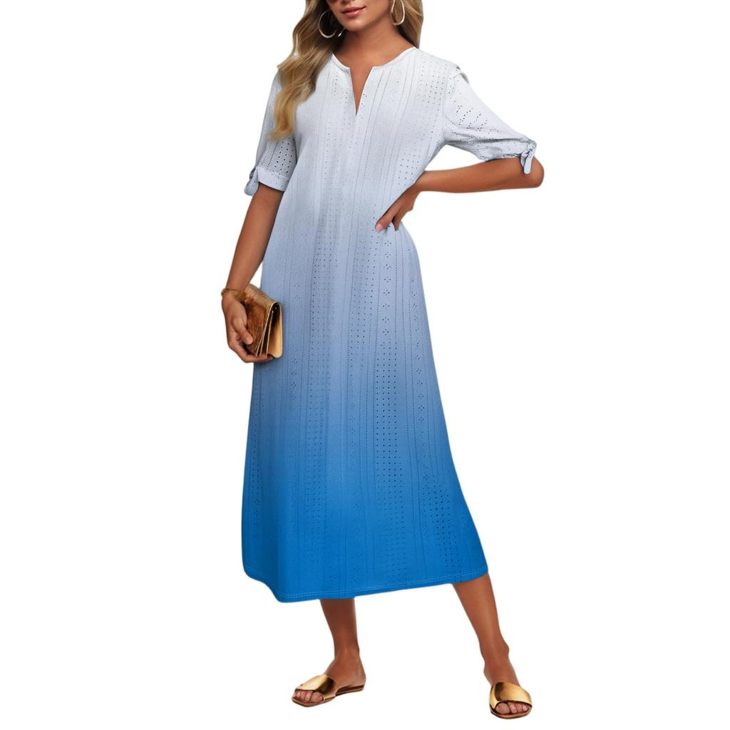 Ladies Casual Fashion Temperament Elegant Waist Gradient Color Print Long Dress