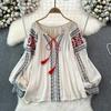 Retro Embroidered Shirt Top Female 2025 Spring Lace Up Tassel Loose Lantern Sleeves Ethnic Style Blouse Female