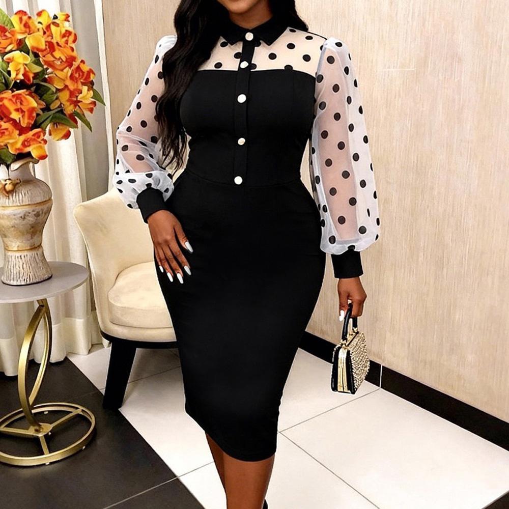 Elegant Long Sleeve Dresses 2026 Polka Dot Printed Buttons Sheath Package Hips Mid Calf Dress