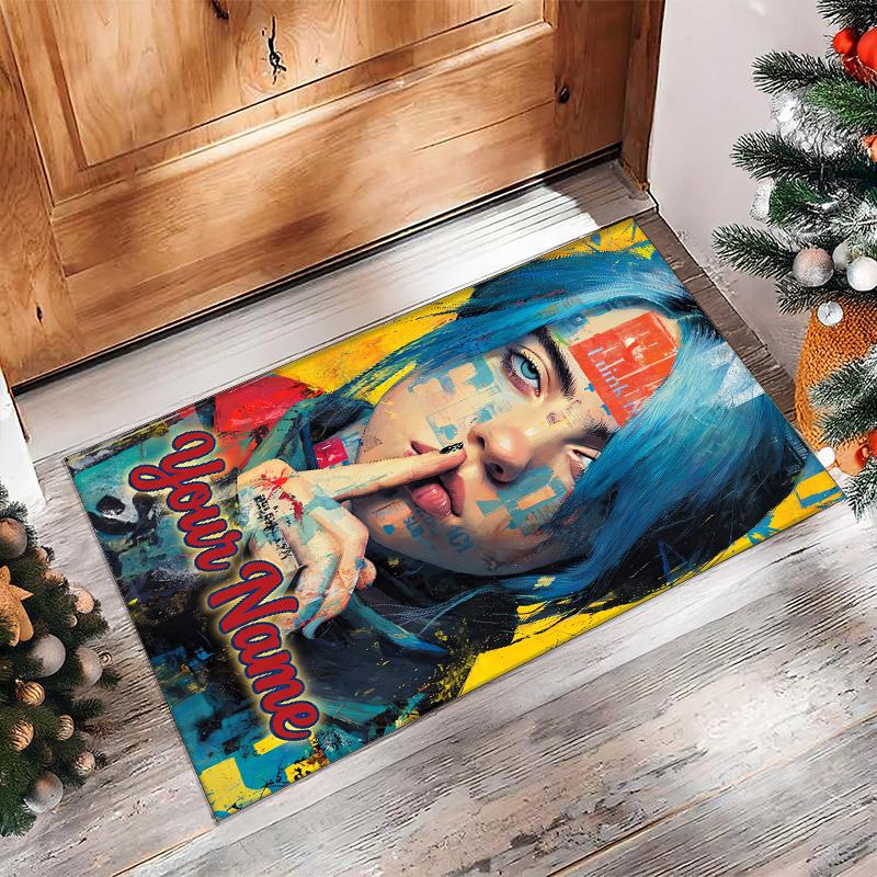 Billie Eilish Crystal Velvet Rug, Custom Name Text Personalized Non‑Slip Floor Mat for Home Decor Gift