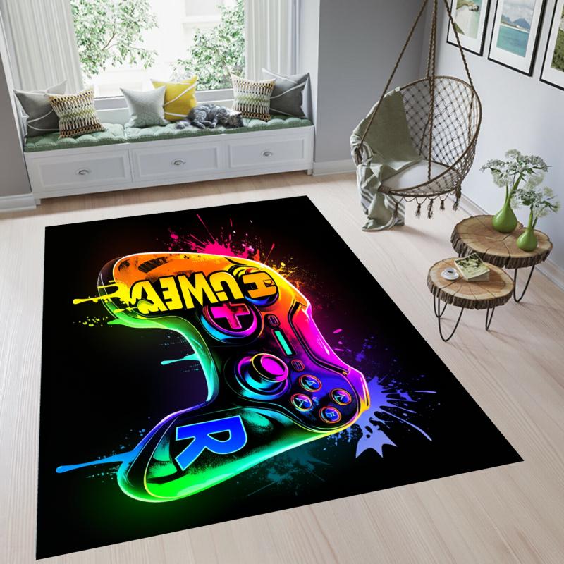 Gaming Area Rug for Boys Room Neon Game Controller Non-Slip Washable Carpet for Game Room Bedroom Living Room Teens Boys