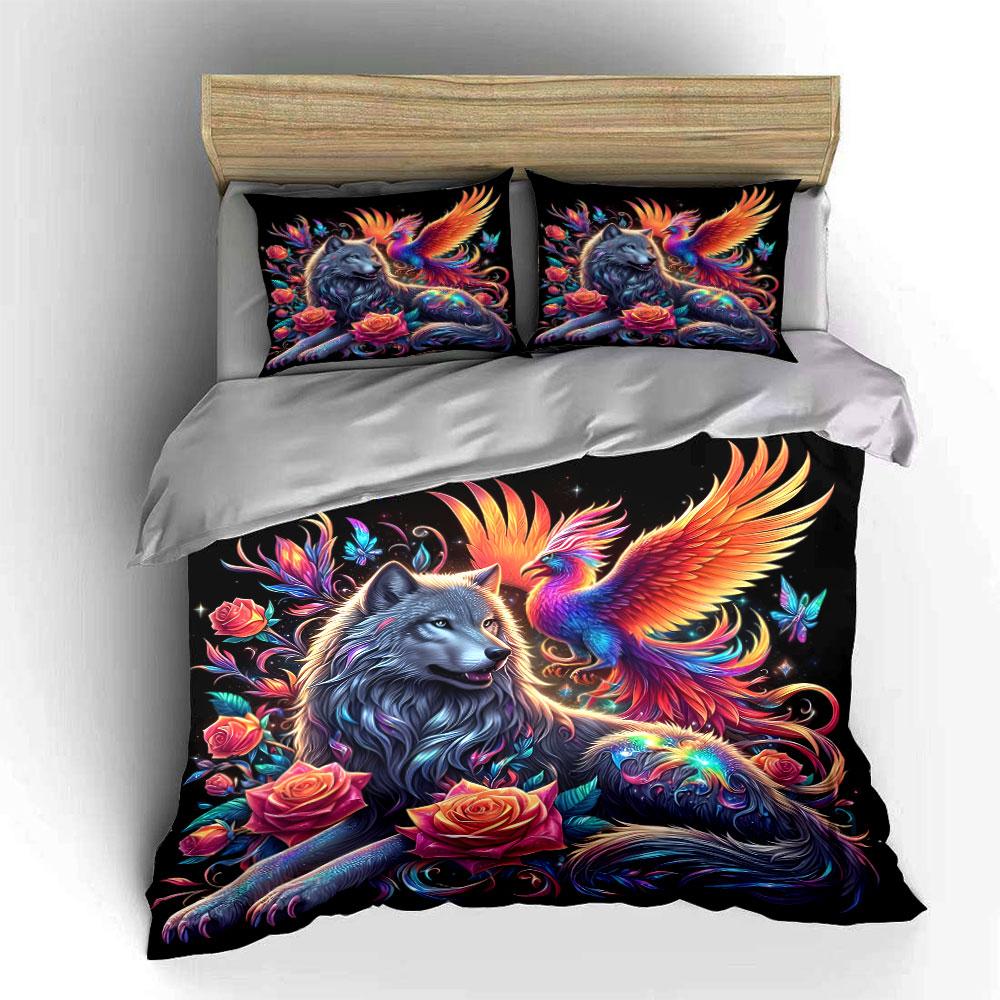 3Pcs Wolf and Phoenix Bedding Set, Vibrant Mythical Print Duvet Cover + 2 Pillowcases, Fantasy Animal Decor