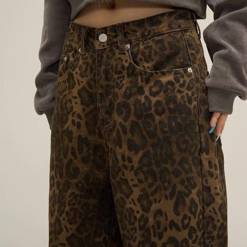 Vintage Leopard Print Wide Leg Jeans Women Hip-hop Loose Jeans Pants Lady Streetwear Denim Pants Female Oversize Casual Trousers 24225