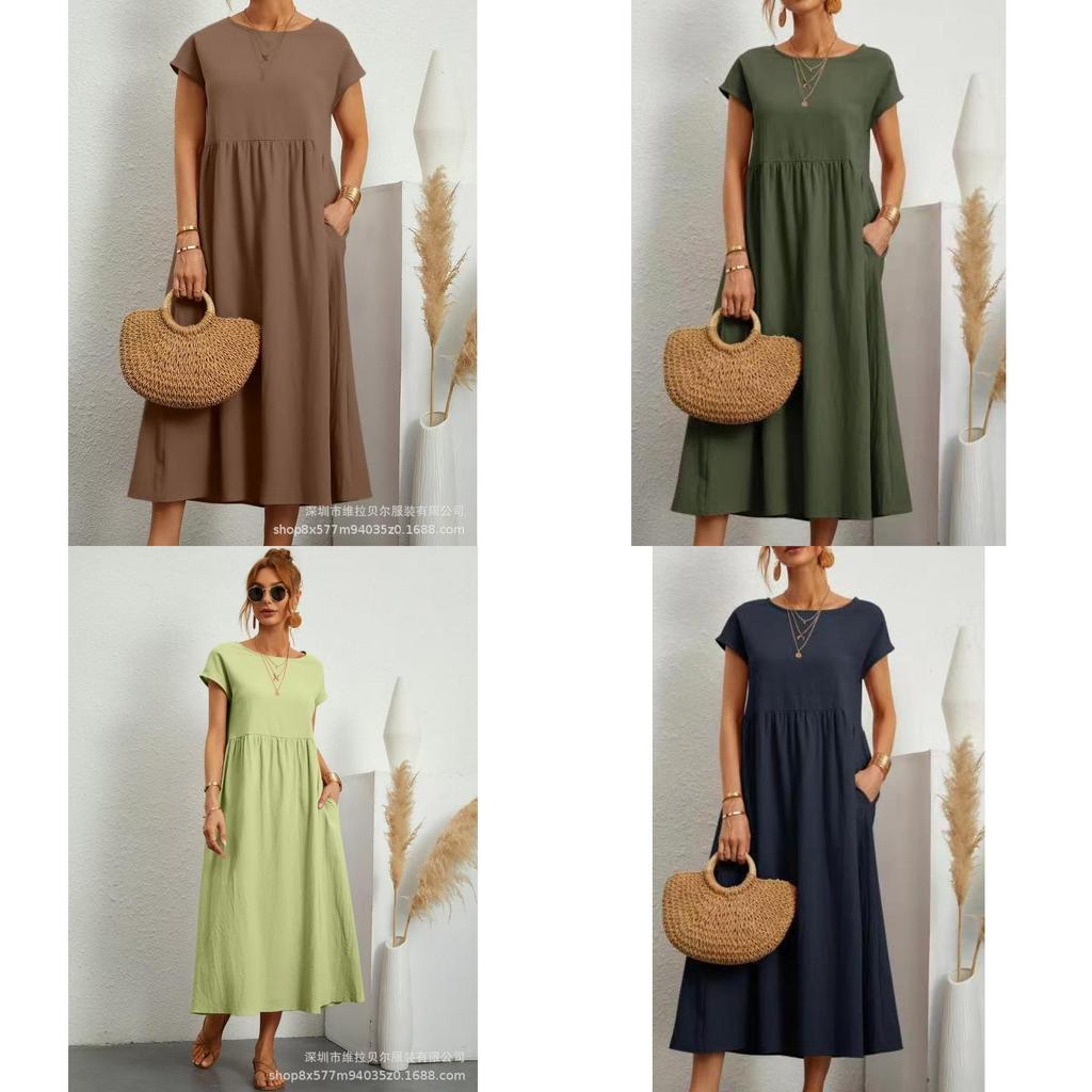 Minimalist Cotton Linen Dress With Pockets For Spring Casual Wear