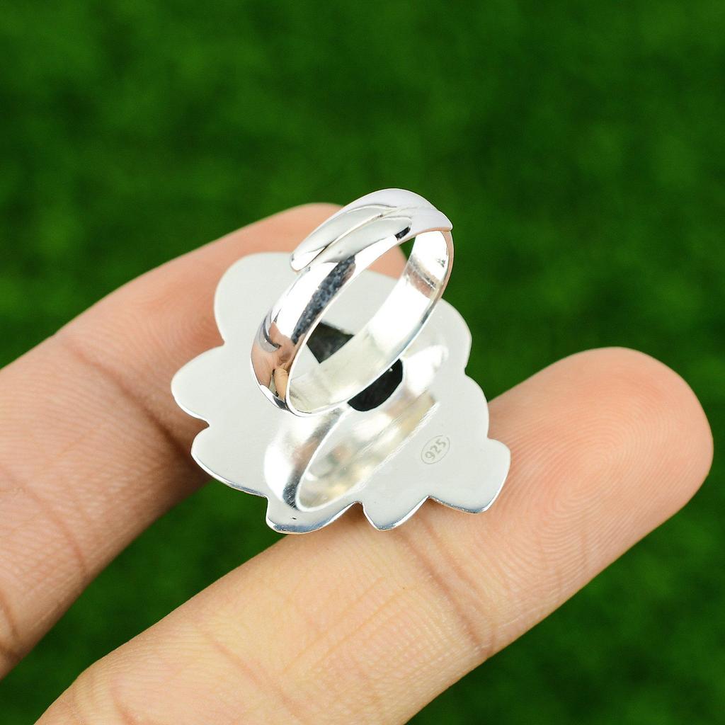 Natural Silver Leaf Jasper 925 Silver Cescent Moon Solitaire Ethnic Ring Jewelry
