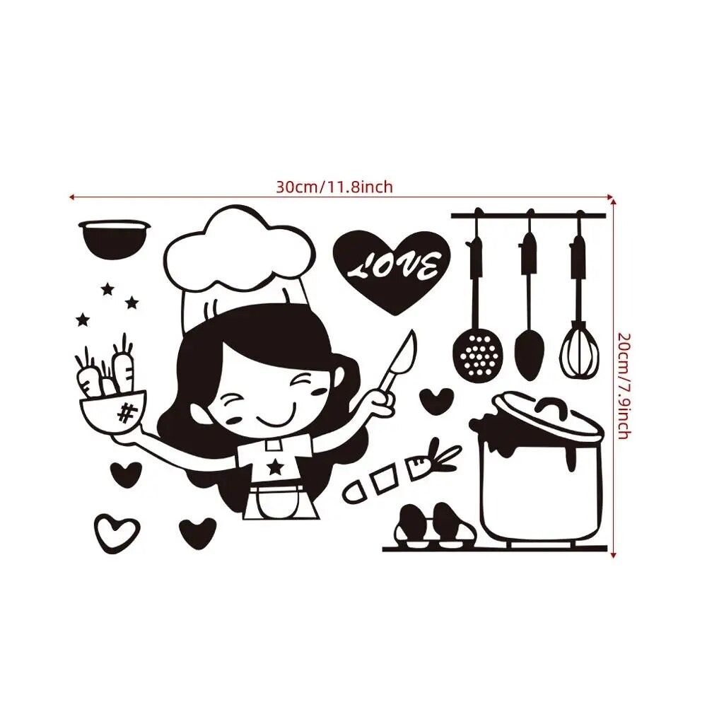 Cartoon Happy Girl Chef Sticker Black Kitchen Decal Easy Clean Loves Cooking Wall Sticker Kitchen