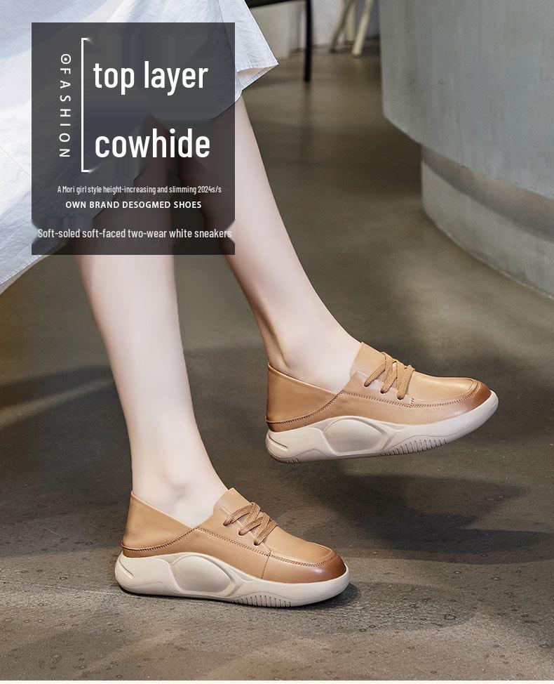 Meilaide 2025 Women's Spring Soft Leather White Lace-Up Casual Thick-Soled Round Toe Shoes